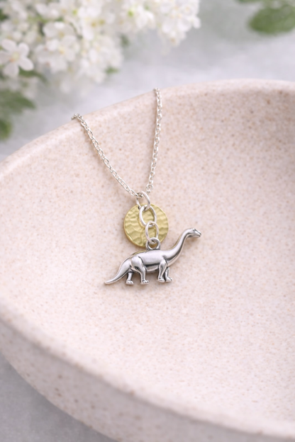 Silver Brontosaurus Dinosaur Necklace