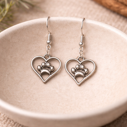 Silver Heart Dog Paw Print Earrings