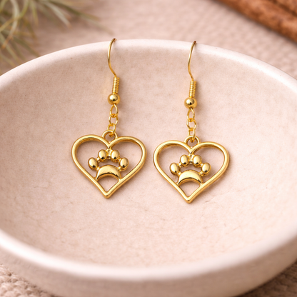 Gold Heart Dog Paw Print Earrings
