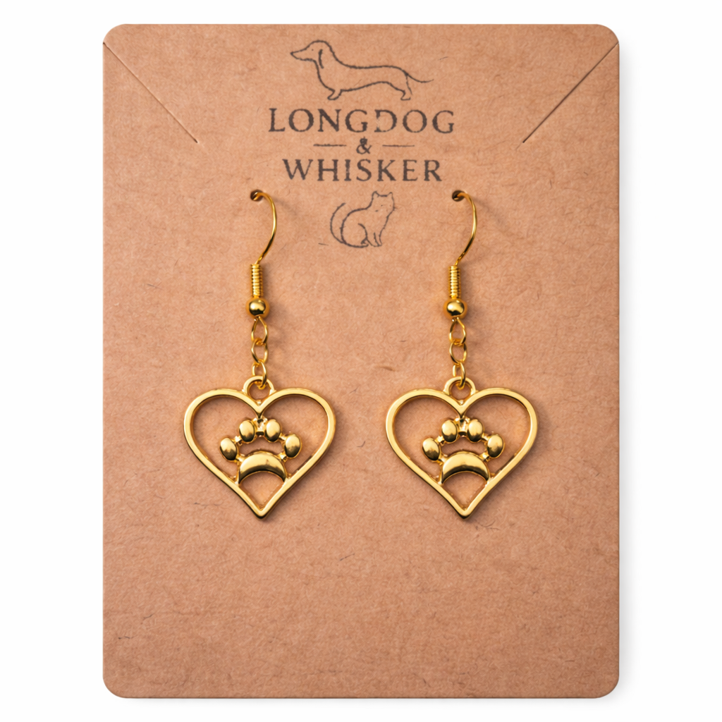 Gold Heart Dog Paw Print Earrings