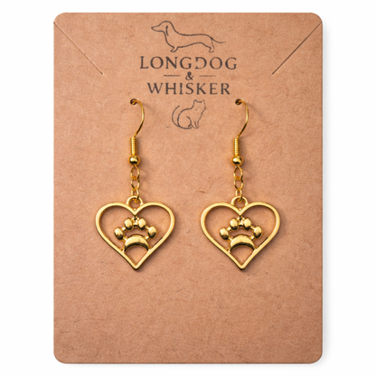 Gold Heart Dog Paw Print Earrings