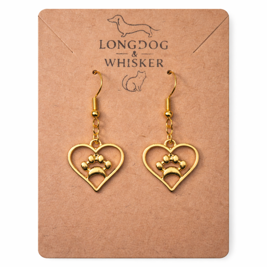 Gold Heart Dog Paw Print Earrings
