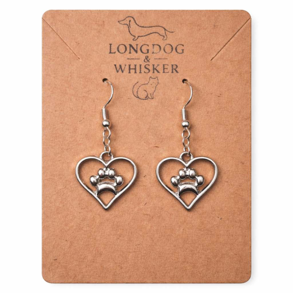 Silver Heart Dog Paw Print Earrings