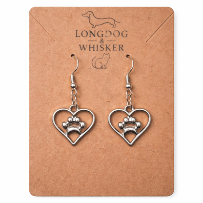 Silver Heart Dog Paw Print Earrings