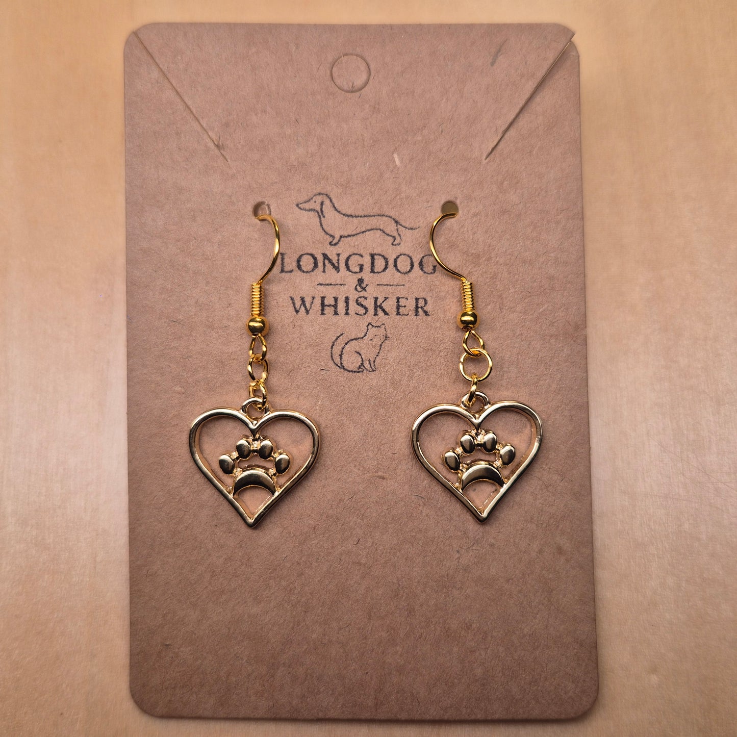Gold Heart Dog Paw Print Earrings