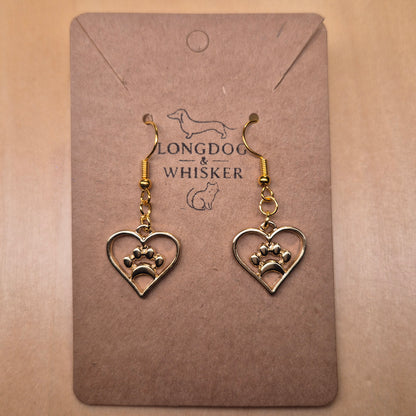Gold Heart Dog Paw Print Earrings