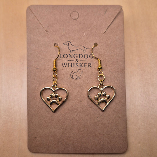 Gold Heart Dog Paw Print Earrings