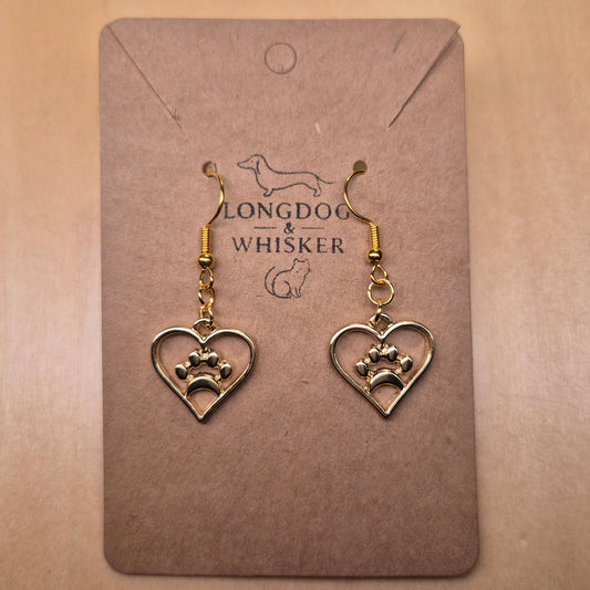 Gold Heart Dog Paw Print Earrings
