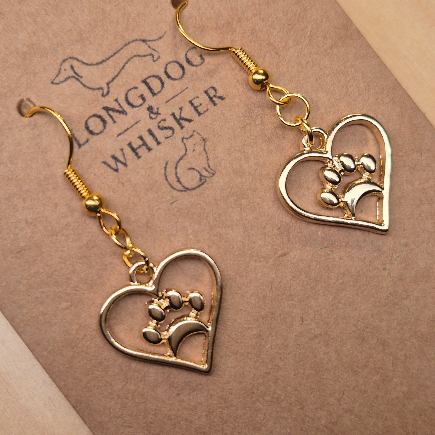 Gold Heart Dog Paw Print Earrings