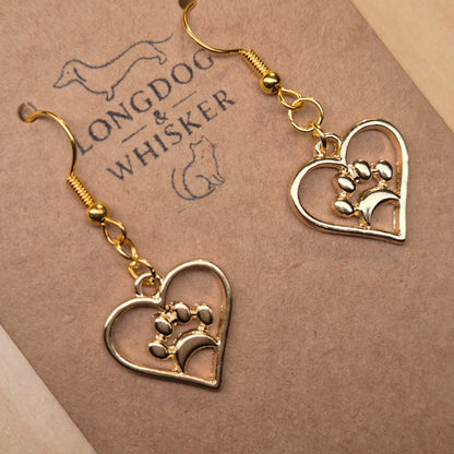 Gold Heart Dog Paw Print Earrings