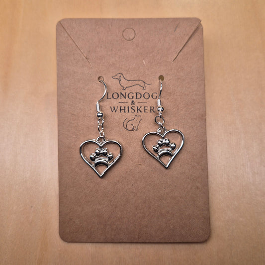 Silver Heart Dog Paw Print Earrings