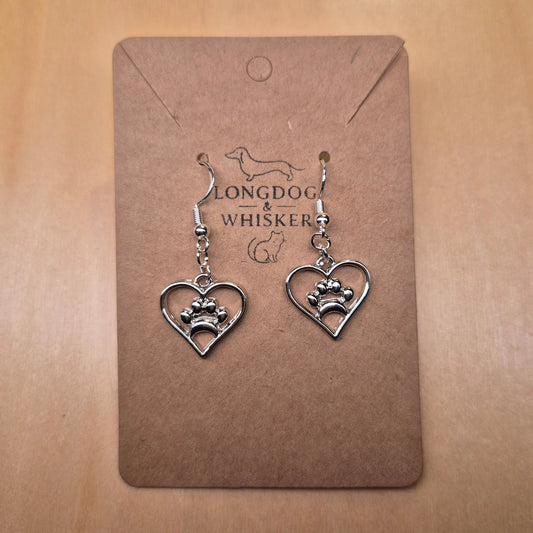 Silver Heart Dog Paw Print Earrings