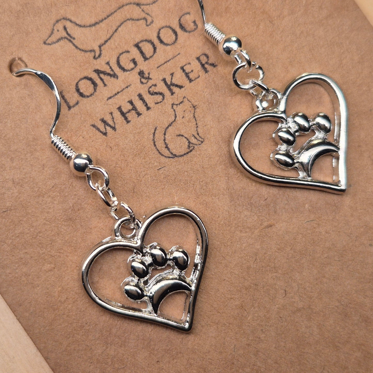 Silver Heart Dog Paw Print Earrings