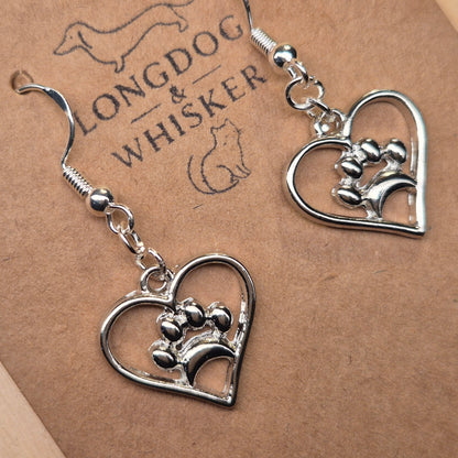 Silver Heart Dog Paw Print Earrings