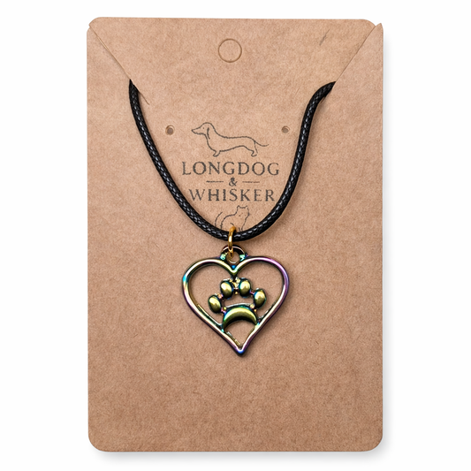 Iridescent Heart Dog Paw Print Necklace