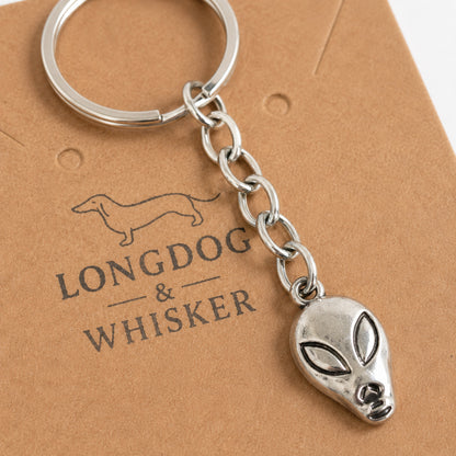 Close up of silver alien head key chain bag charm