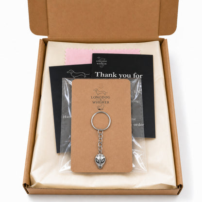Alien head key chain bag charm in Longdog & Whisker gift packaging