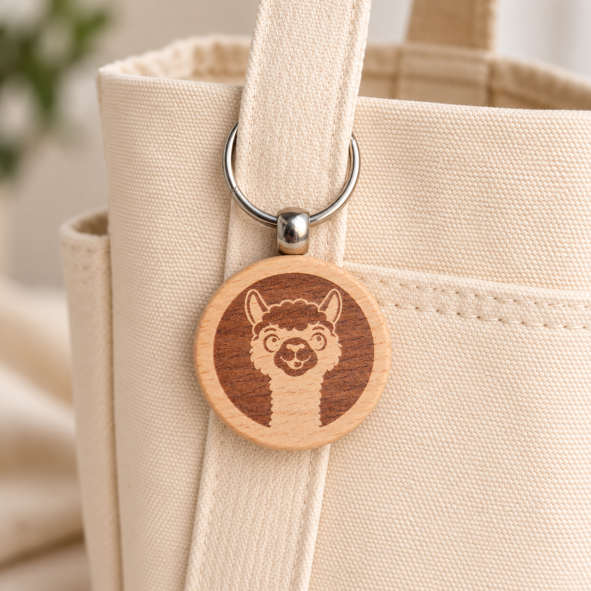 Alpaca wooden keyring attached to a cream canvas tote handle