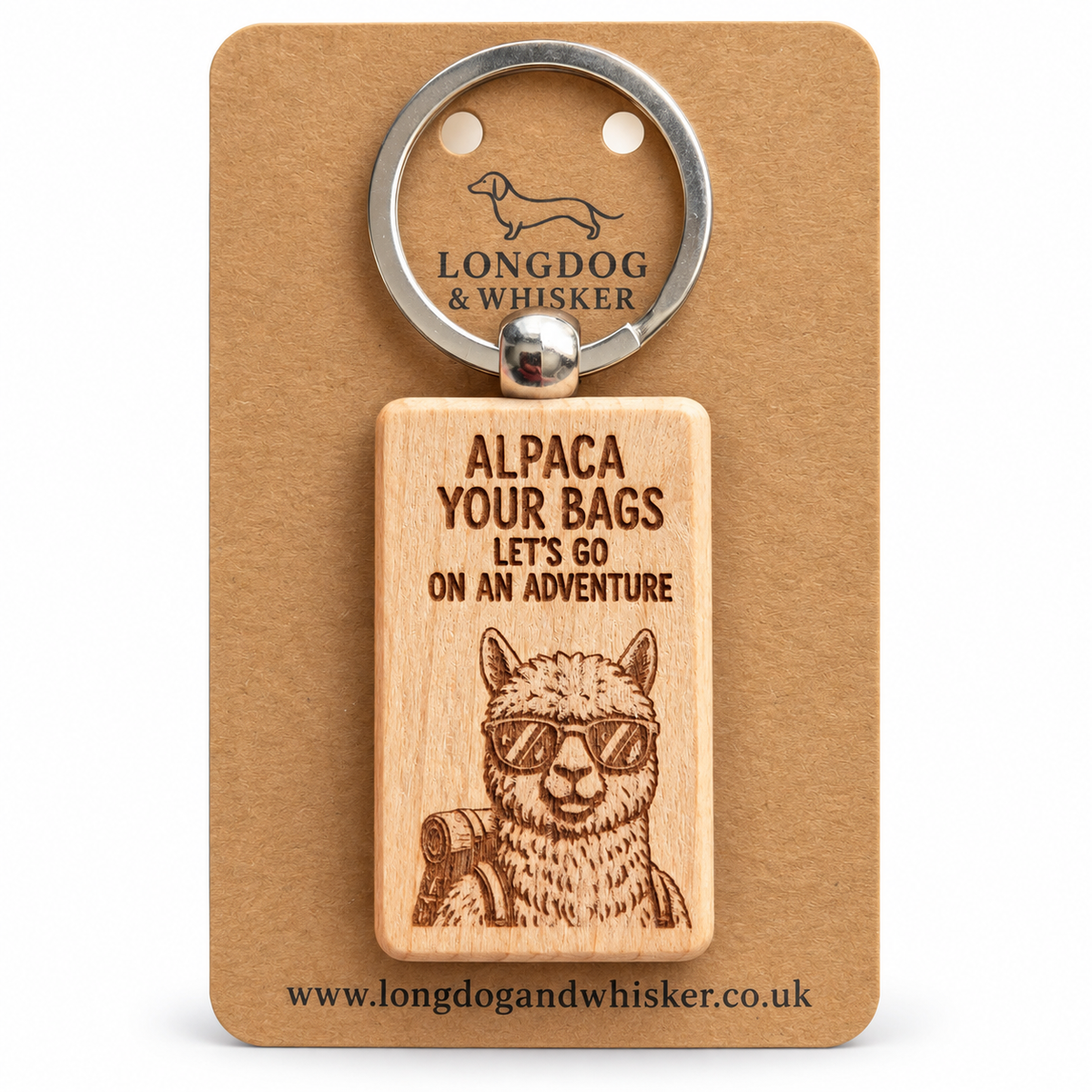 Alpaca Your Bags wooden keyring on Longdog & Whisker product card