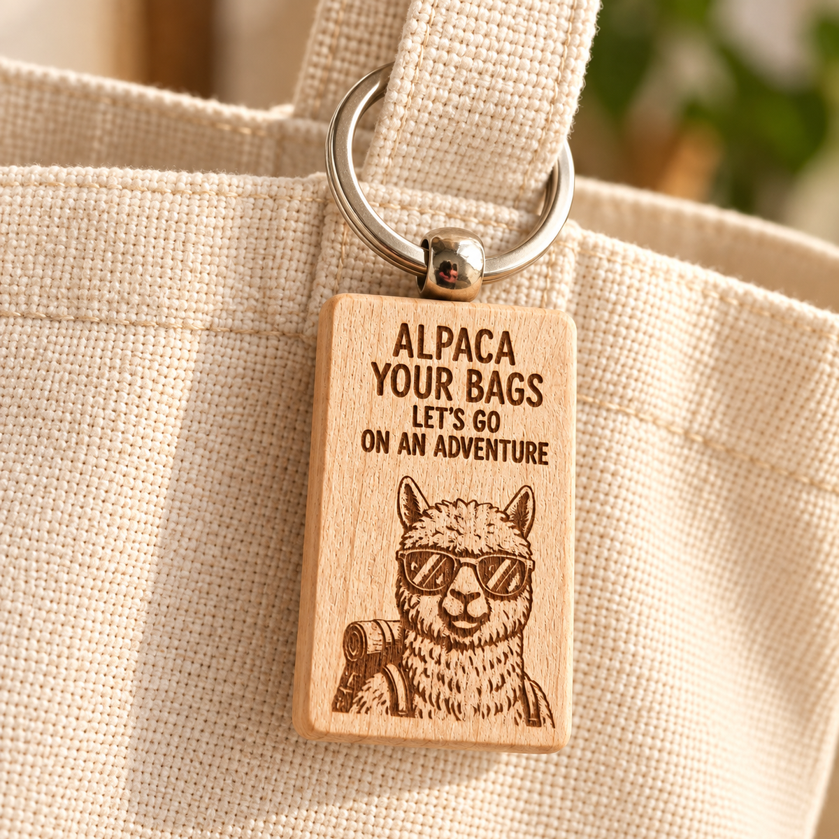 Alpaca Your Bags wooden keyring attached to a cream canvas tote bag