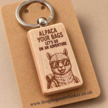 Close-up of Alpaca Your Bags wooden keyring engraving