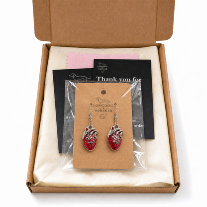 Anatomical Heart Earrings with Longdog & Whisker packaging