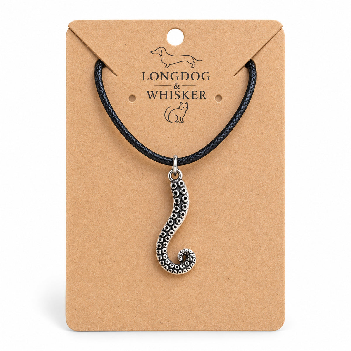 Antique silver tentacle black cord necklace on Longdog & Whisker card