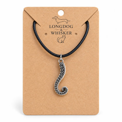 Antique silver tentacle black cord necklace on Longdog & Whisker card