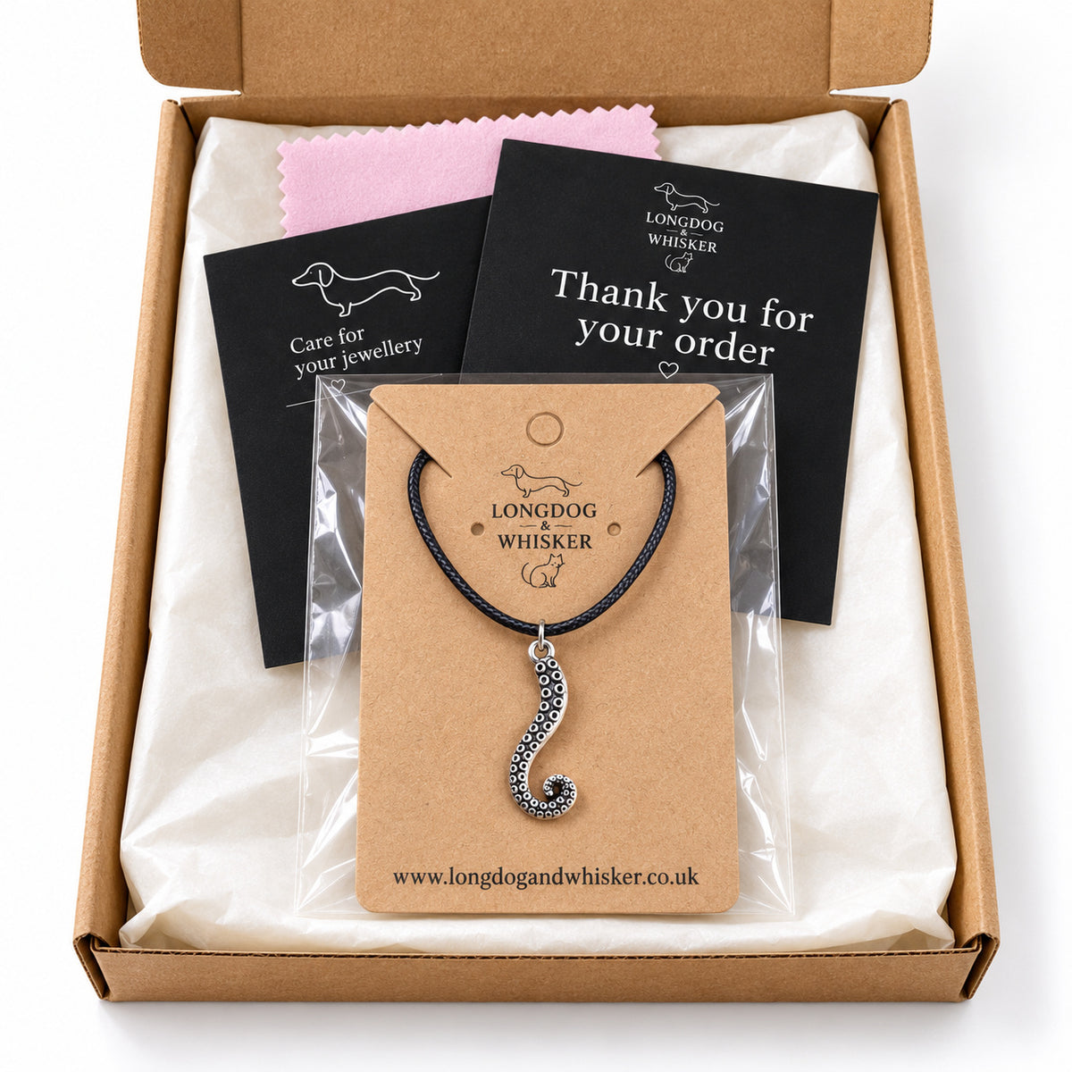 Antique silver tentacle black cord necklace gift-ready packaging