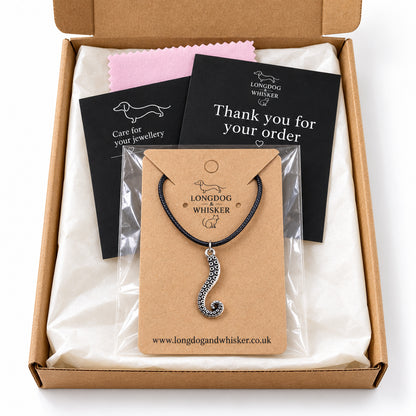 Antique silver tentacle black cord necklace gift-ready packaging