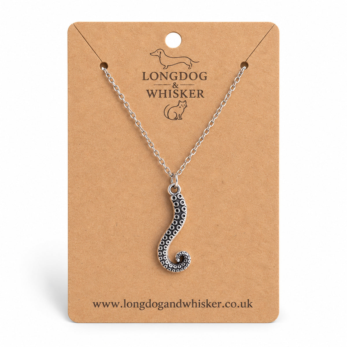 Antique silver tentacle necklace on a silver chain and Longdog & Whisker card