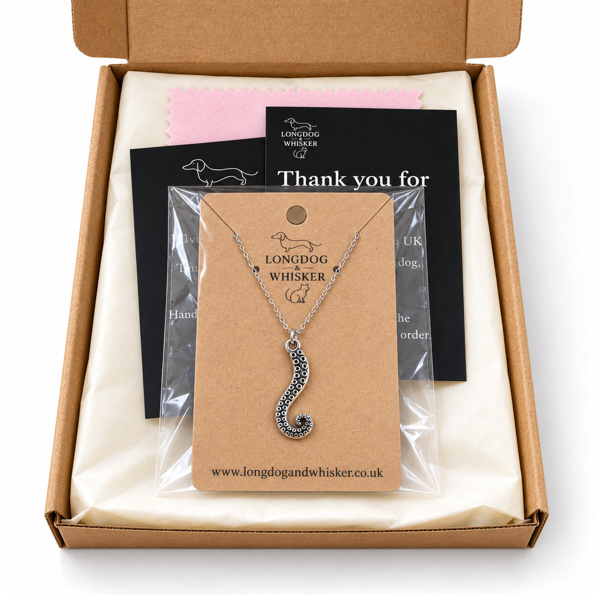 Antique silver tentacle necklace on silver chain in gift-ready packaging