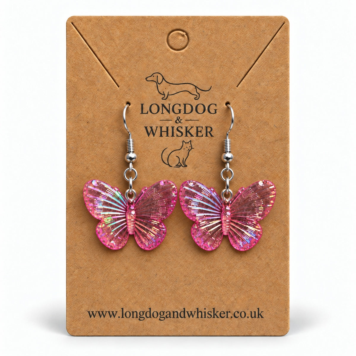 Hot Pink Aurora Butterfly Earrings on the Longdog & Whisker kraft card