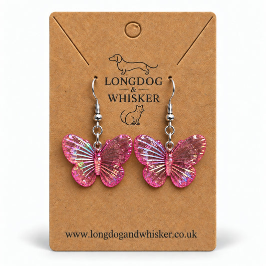 Hot Pink Aurora Butterfly Earrings on the Longdog & Whisker kraft card