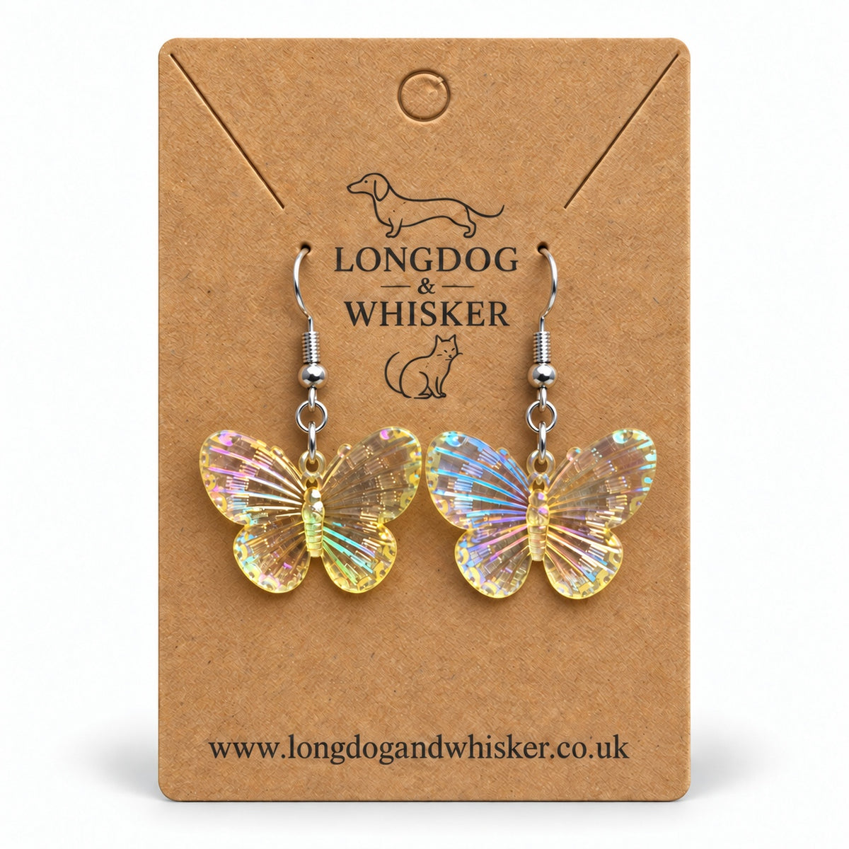 Lemon Aurora Butterfly Earrings on the Longdog & Whisker kraft card