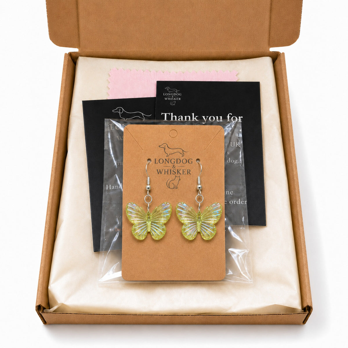 Aurora Butterfly Earrings - Lime Yellow with Longdog & Whisker packaging