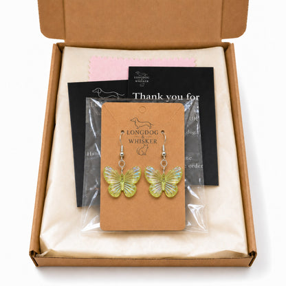 Aurora Butterfly Earrings - Lime Yellow with Longdog & Whisker packaging