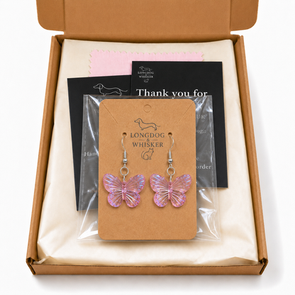 Aurora Butterfly Earrings - Pink with Longdog & Whisker packaging