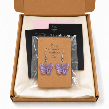 Aurora Butterfly Earrings - Purple with Longdog & Whisker packaging