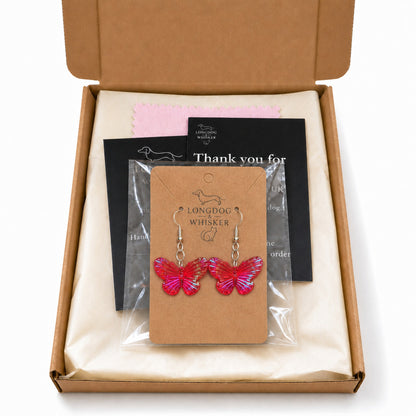 Aurora Butterfly Earrings - Red with Longdog & Whisker packaging