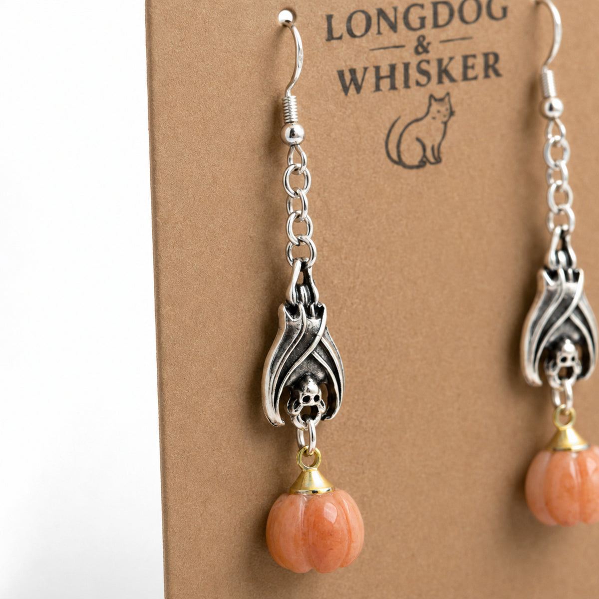 Close-up detail of Batty Pumpkin Earrings