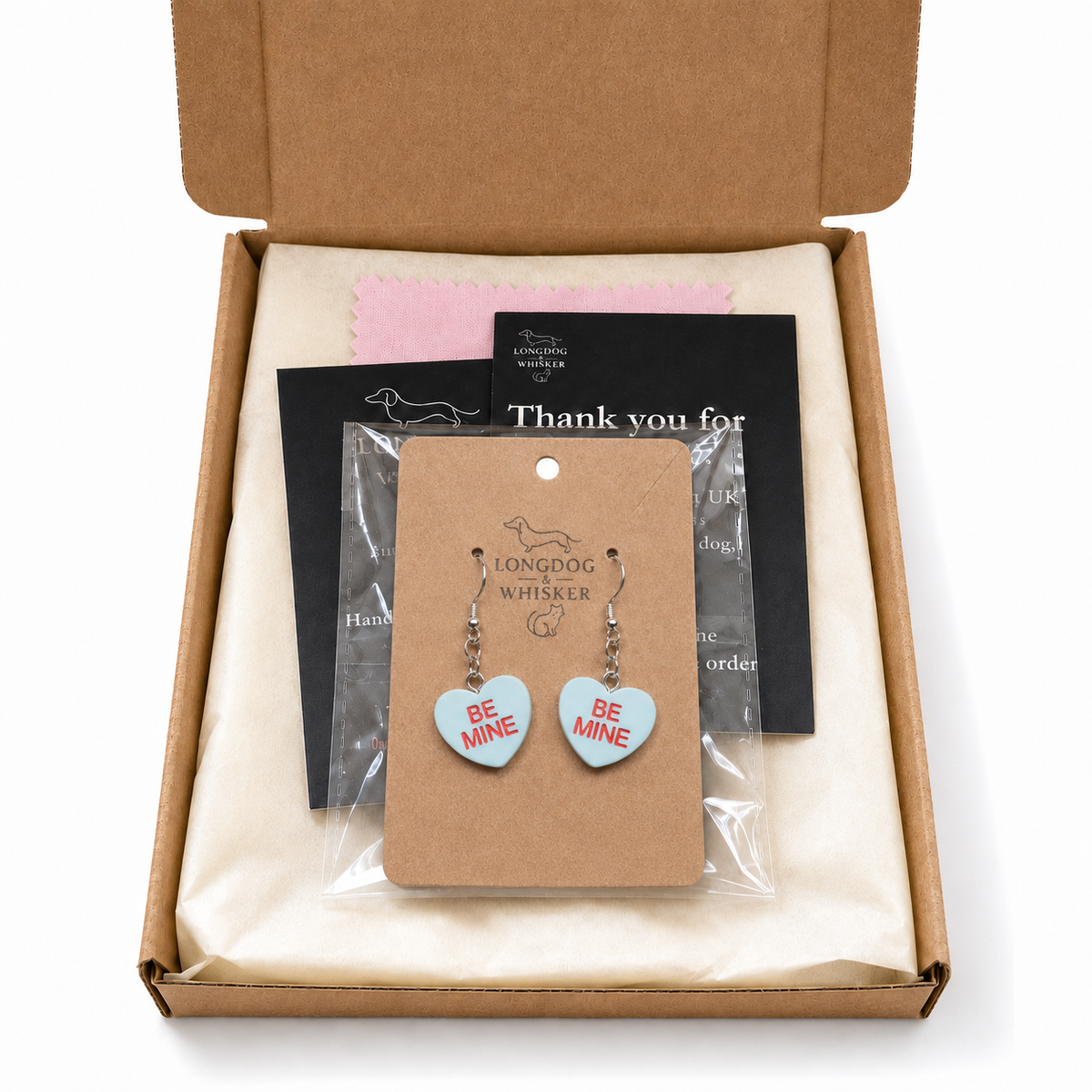 Be Mine Heart Earrings - Light Blue with Longdog & Whisker packaging