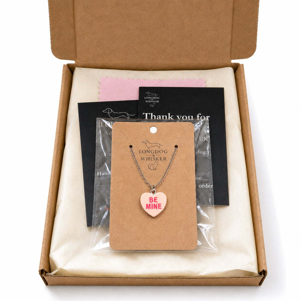 Be Mine Necklace - Peach with Longdog & Whisker packaging