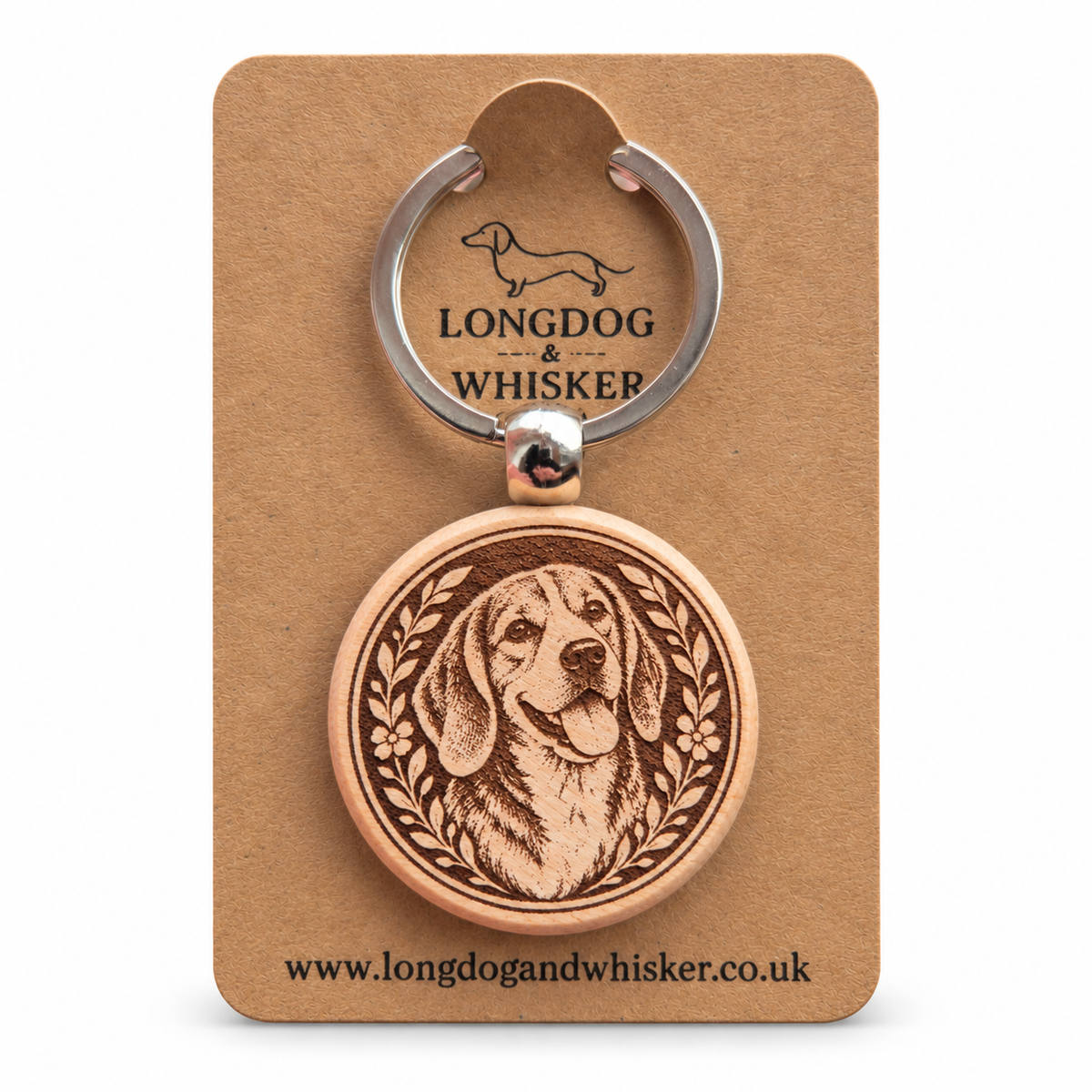 Beagle wooden keyring on a Longdog & Whisker product card