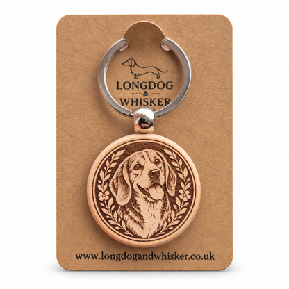 Beagle wooden keyring on a Longdog & Whisker product card