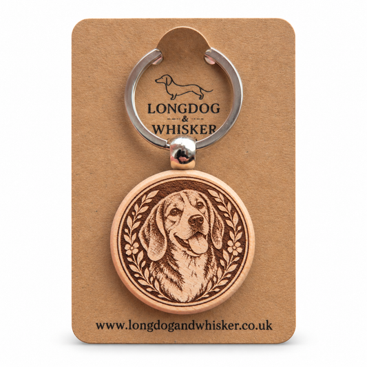 Beagle wooden keyring on a Longdog & Whisker product card