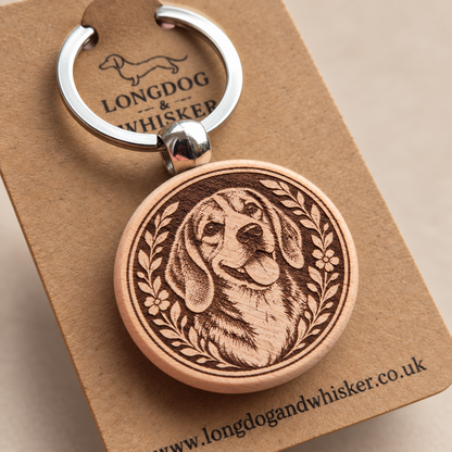 Close-up of the printed Beagle wooden keyring and silver-tone hardware