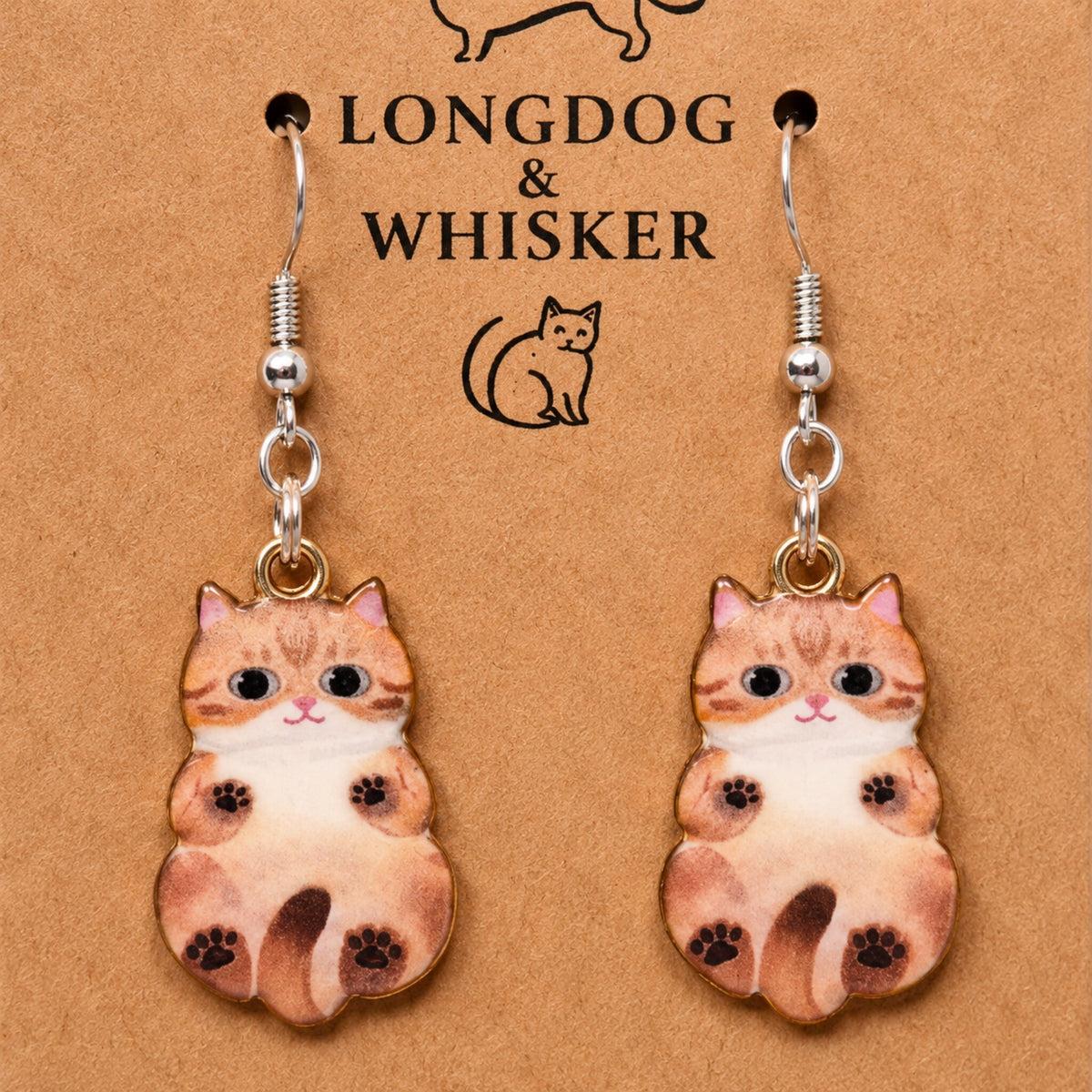 Close-up detail of Belly Rub Cat Earrings - Tabby
