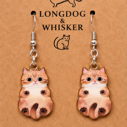 Close-up detail of Belly Rub Cat Earrings - Tabby