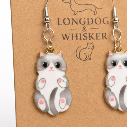 Close-up detail of Belly Rub Cat Earrings - Grey